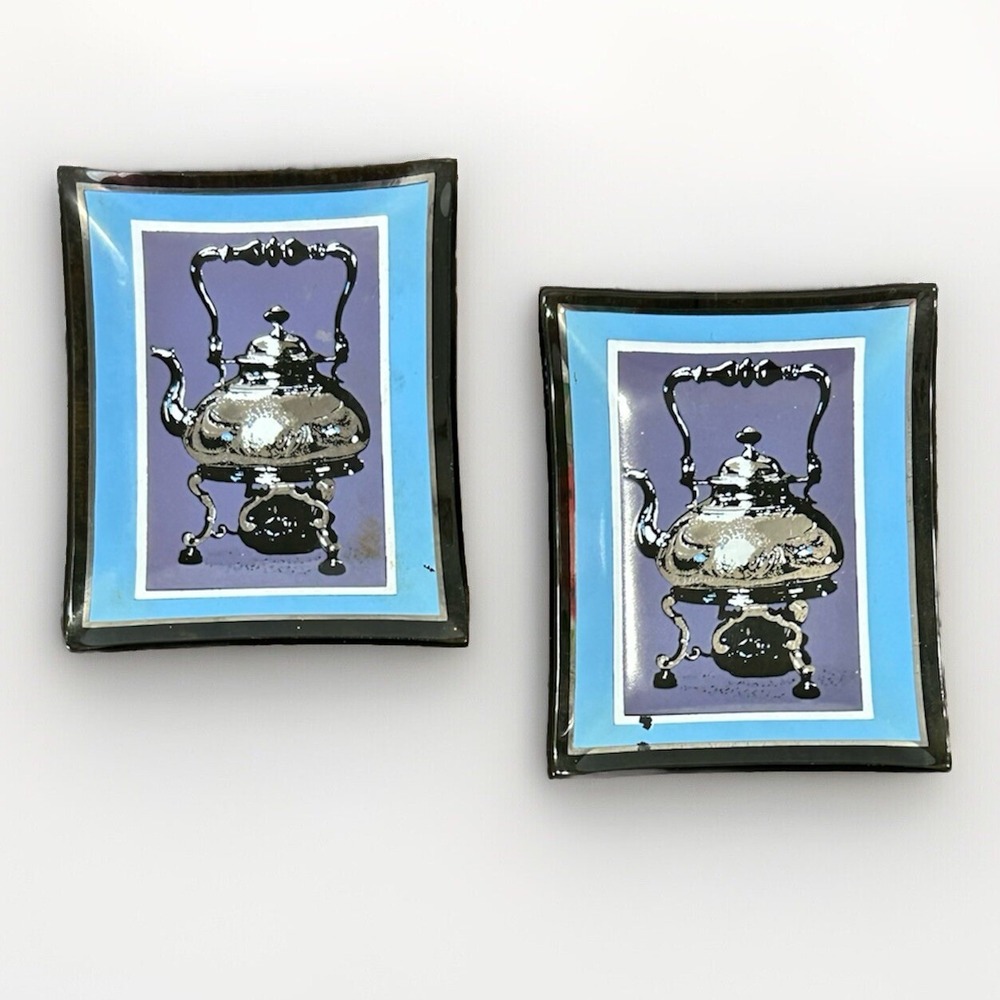 Vtg Houze Art MCM Glass Tea Bag Trinket Trays Coffee Pot Black Blue Set Of 2